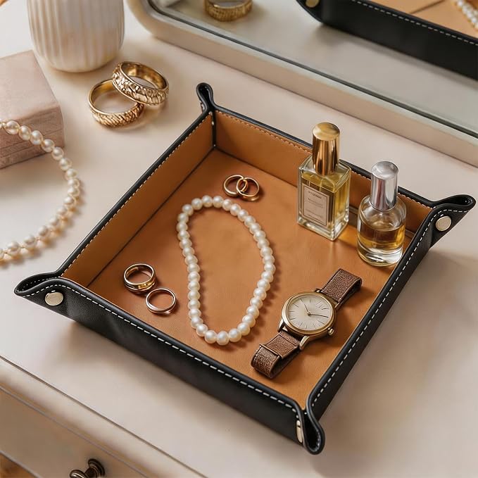 Valet Tray Desktop Storage Organizer, Vegan Leather Catchall Tray Bedside Vanity Tray Nightstand Caddy Holder for Remote Controller, Watch, Keys, Phone, Wallet, Sunglasses, Jewelry, Khaki