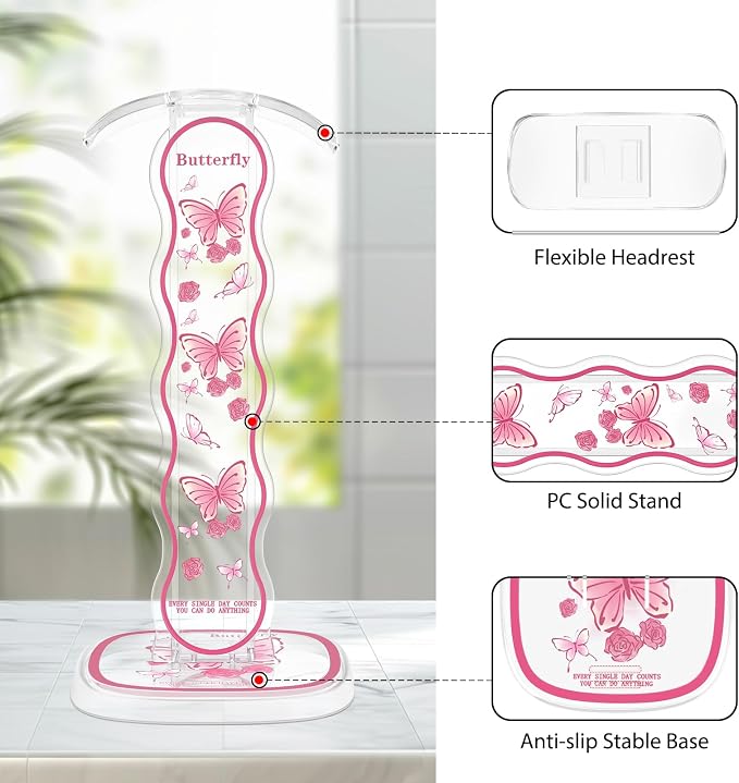 CamyCosy Headphone Stand Gaming Headset Holder for Desk,Pink Butterfly Pattern Clear Cellphone Stand Earphone Stand Desk Accessories for All Headphones Size