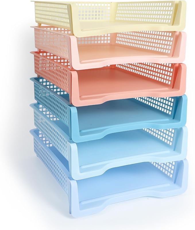 Tenceur 6 Pcs Turn in Trays Classroom, Stackable Tray for Classroom Plastic Storage Baskets Teacher Organizers for Library Drawers Office Desk (Trendy,Soft Color,13.3 x 9.5 x 2.7 Inches)