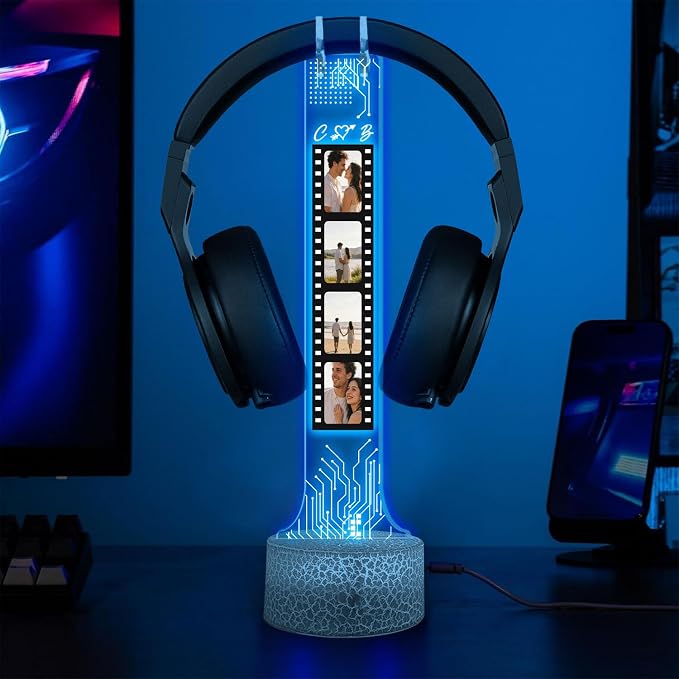 Personalized RGB LED Headphone, Custom Couple Photo Headset Holder, Gaming Decor Gift for Boyfriend Girlfriend, Valentines Day Gift for Him Her, Custom Couple Gifts, Gifts for Gamers