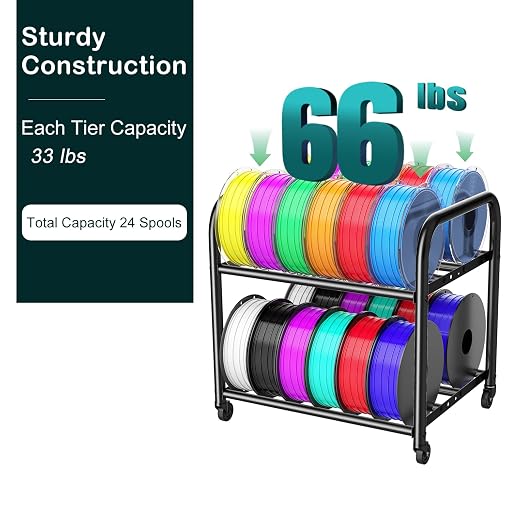 2-Tier Metal Filament Rack, Compact Under Desk 3D Filament Spools Rolling Cart with Adjustable Spools Storage Holds 24+ PLA/ABS/TPU Filaments, for Home, Office Workshop, Studio