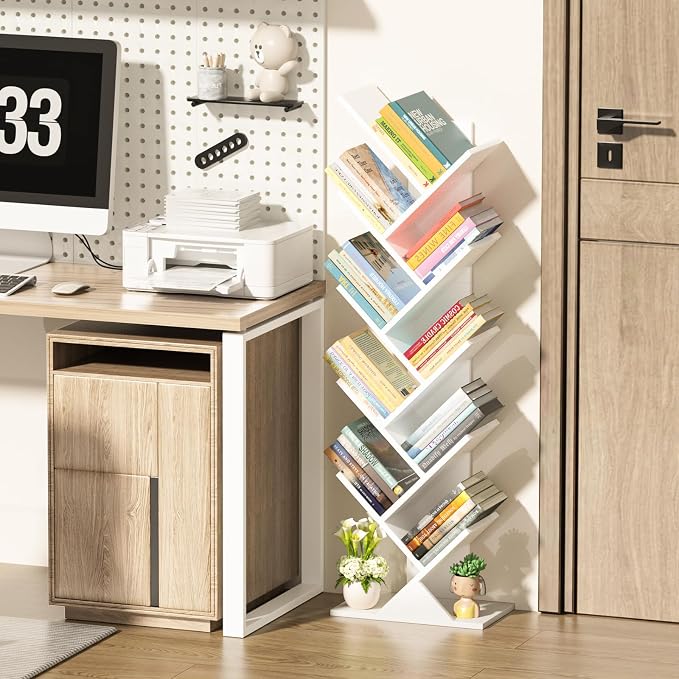 SHEEPAM 10 Tier Tree Book Shelf, Floor Standing Wood Bookshelf for Narrow Space, Storage Organizer Bookshelves for Books/CDs/Magazine, Bookcase with Shelves for Home Office, Living Room - White