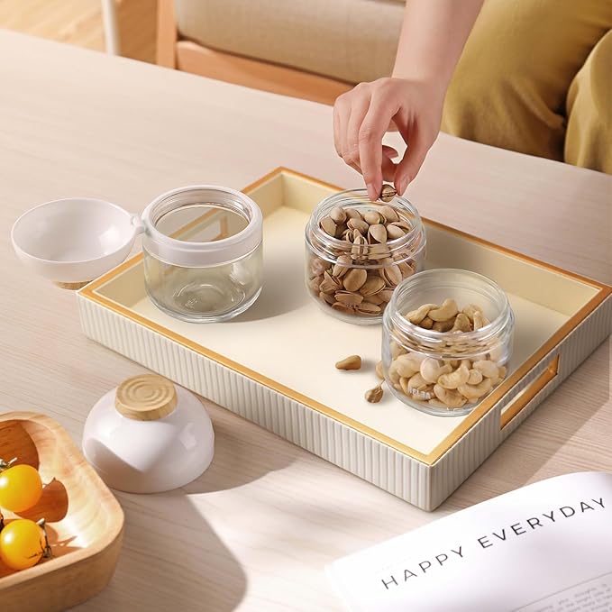 SANZIE Leather Tray Desktop Storage Organizer Premium Serving Trays Decorative Tray Valet Tray for Sundries Cosmetics Phone Wallet Cutlery (White Holder)