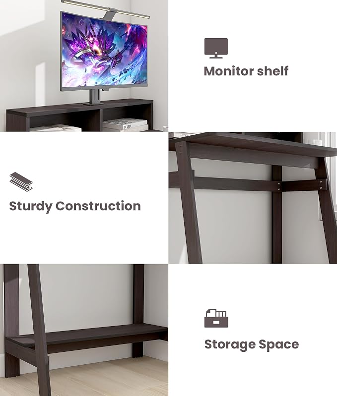 Small Desk with Storage, Corner Desk for Small Spaces, Computer Desk Study Desk with Shelf for Home Office Bedroom, Dark Walnut