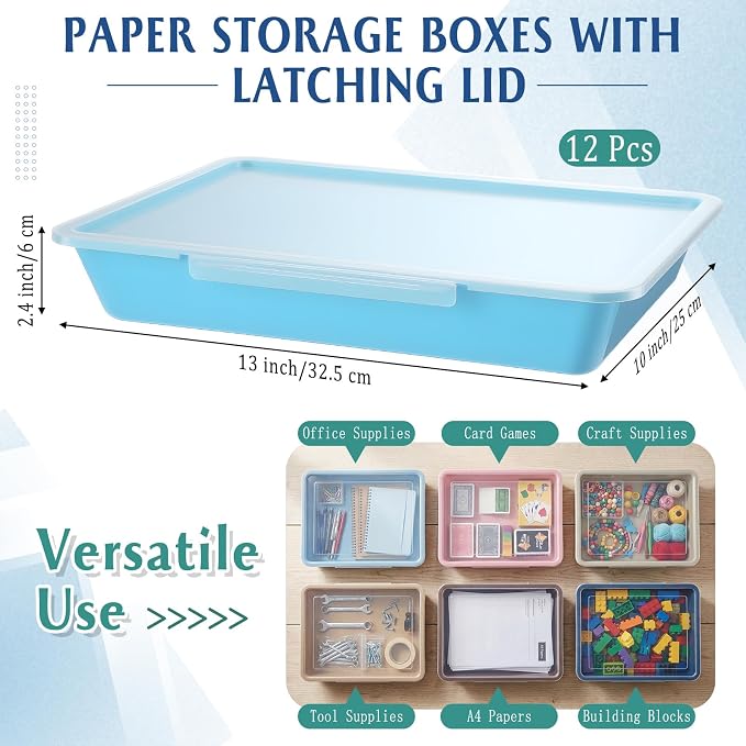 Tinlade 12 Pcs Classroom Paper Storage Bins with Clear Latching Lid, Label Stackable Letter Size Flat Tray Container for Teacher Back to School Supplies Home Office Desk Arts Crafts (Morandi,13x10in)