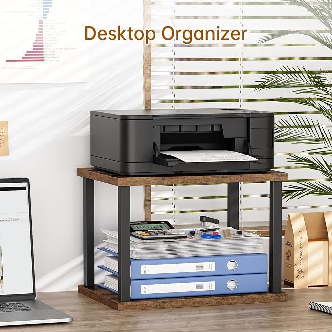Asgolion Small Printer Table, 2-Tier Under Desk Printer Stand, Printer Stand with Wheels, Printer Shelf for Small Spaces, Printer Cart for Home Office, Rustic Brown