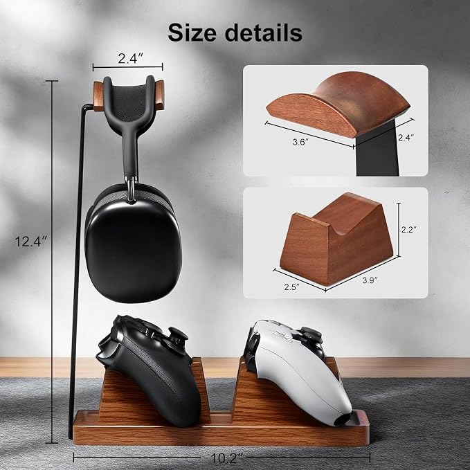 UPERGO Headset Stand with 2 Controller Holders - Solid Wood & Metal Gaming Headphone Holder for Switch, Controllers, and Desk Accessories (Wood)