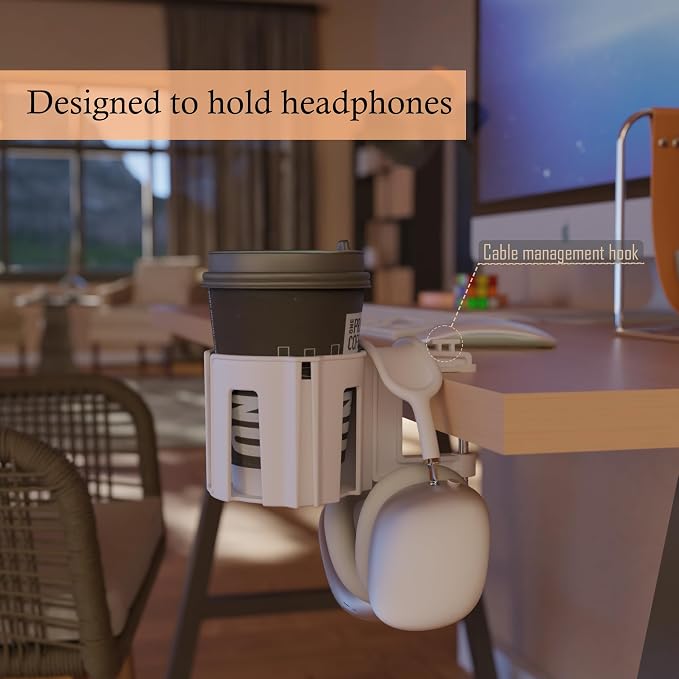Original Large Desk Cup Holder Clamp White | Anti-Spill Mount, Multi-Directional Drink Holder, Headphone Hanger, For Table, Desks, Office & Gaming Setup