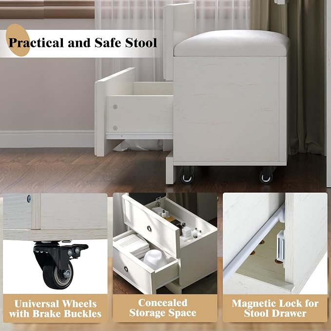 LUXOAK 3-in-1 Small Vanity Desk with Mirror and Lights, Compact Hidden Vanity Set with Stool & Charging Station, Makeup Table for Girls Bedroom and Dressing Room, Rustic White