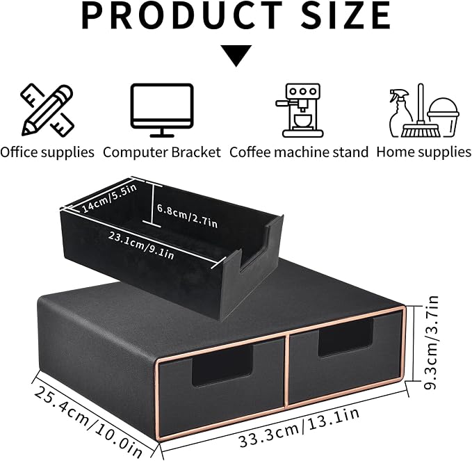 PU Leather Stackable Desk Drawer Organizer, Displayer holder with Drawers, Dressing Organizer for Jewelry/Cosmetics,Coffee Maker holder and Storage Box for Home office,Black