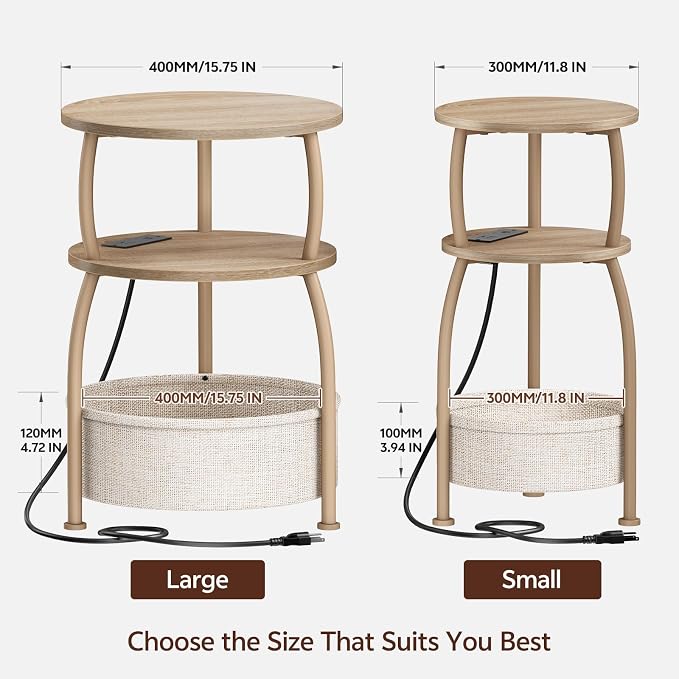 Round Side Table with Power Outlets, Type-C, 15.75 in Small Coffee Table with Basket, Space Saving End Table 3-Tier Bedside Corner Table Stand for Living Room, Bedroom, Garden Light Oak