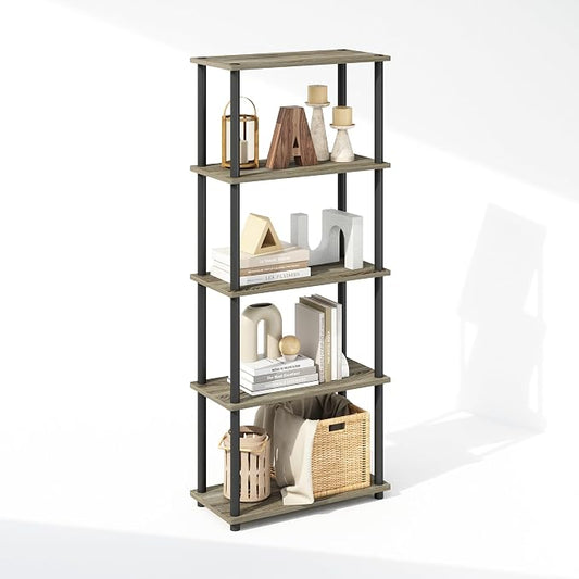 Furinno Turn-N-Tube Book Shelf, 5-Tier Bookshelf, Bookcase with Multipurpose Compact Display Rack, 11.6 x 23.6 x 57.4, for Living Room, Bedroom, Home Office, French Oak/Black