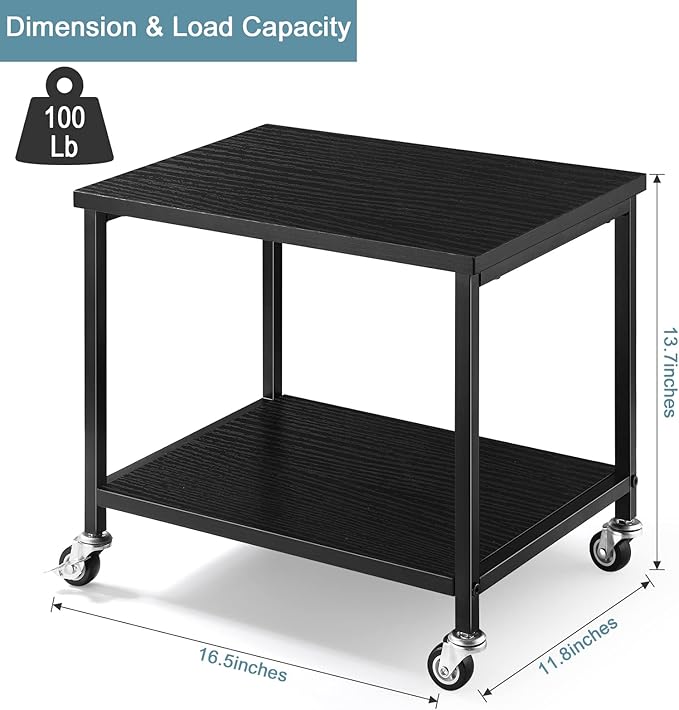 BTY Under Desk Printer Stand Small Printer Table with Storage Shelf 2 Tier Rolling Printer Stand Rack with Lockable Wheels for Office Home Scanner Printer (Black)
