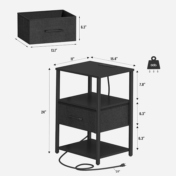 TUTOTAK Nightstand Set of 2, Night Stand with Charging Station, End Table, Bedside Table with Fabric Drawer, Side Table for Livingroom and Bedroom, Black TB01BK0692