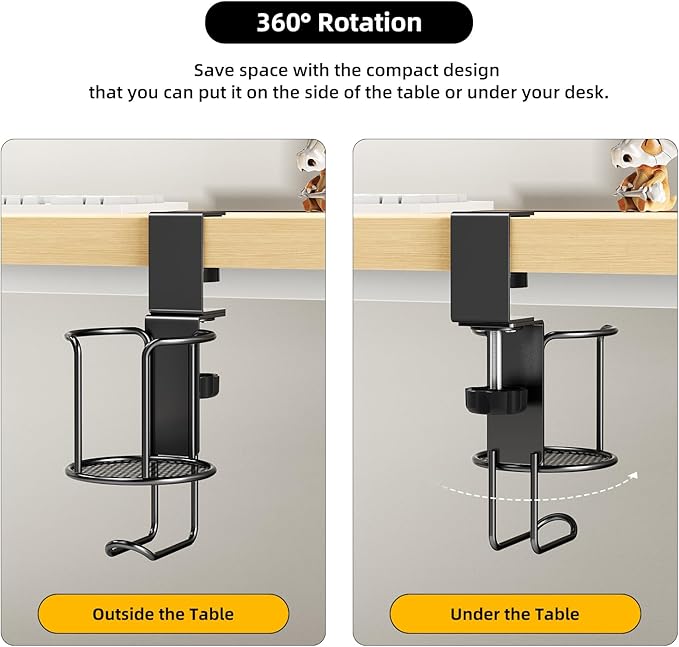 CABTE 2 Pack 2 in 1 Desk Mug Hooks with Headphone Hanger Holder, Anti-Spill Clip-On Table Mug Hooks with 360° Rotation for Lawn Chair, Office Home Gaming Table