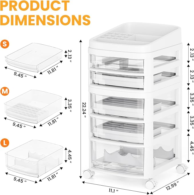 Rolling Cart with 5 Drawers, Clear Plastic Drawer Organizers, Dust Proof Under Desk Storage for Makeup, Skincare, Art Crafts and Baby Items, Acrylic Cosmetic Organizer with Dividers, Vanity Cart