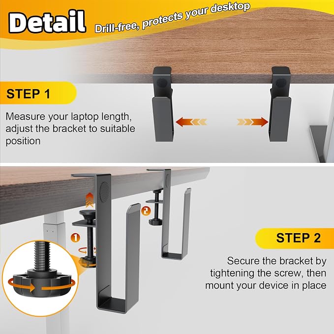 Adjustable Desk Side Laptop Mount, No Drill Clamp on Laptop Holder, Metal Hanging Notebooks Holder, Punch-Free Clamp for MacBook Pro, Documents with Anti-Scratch Silicone