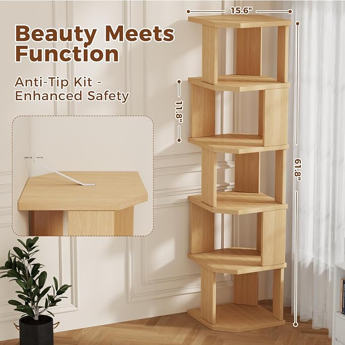 5 Tier Square Bookshelf Tower, Floor Standing Corner Bookshelf Modern Organizer Storage Display Rack for Home Office Living Room Study, Small Spaces
