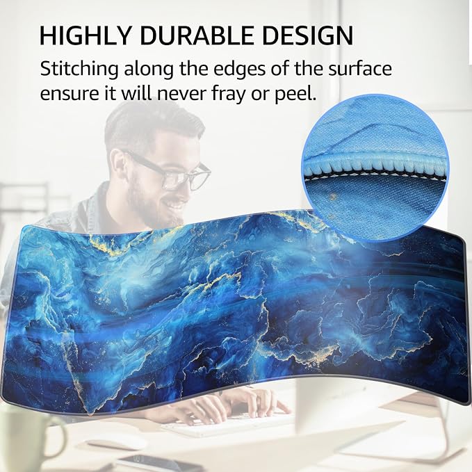 KTRIO Large Gaming Mouse Pad, Desk Mat, 31.5 x 11.8 in, Blue Marble, XL | Smooth Micro-Weave Surface, Artistic Pattern Design, Non-Slip Rubber Base, Durable Stitched Edges, Office & Home Use