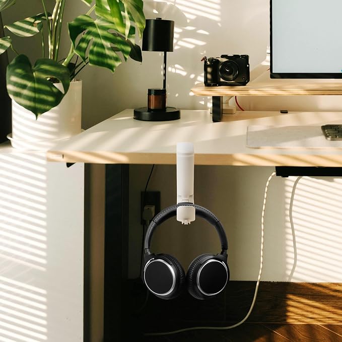 2pcs Under Desk Headphone Hanger Holder Utility Hook 360° Rotating Adjustable Clamp-on Earphone Hook Holder Mount Cable Clip Organizer Fit for PC Gaming Office Headset Hanger Gift (White)
