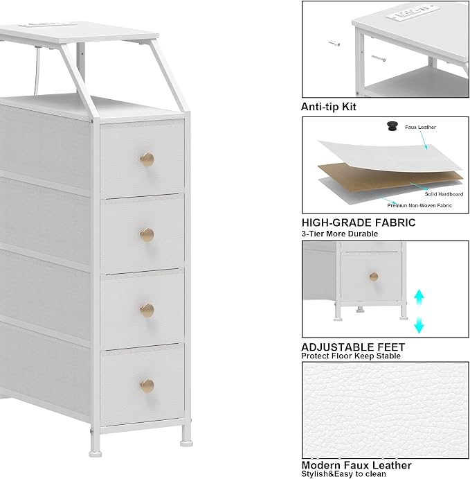 Tohomeor Narrow Dresser Tall Skinny Storage Tower Vertical Slim Chest of Drawers with Charging Station Small Nightstand Side Table for Bedroom, Bathroom, Small Spaces (White, 4 Drawers)