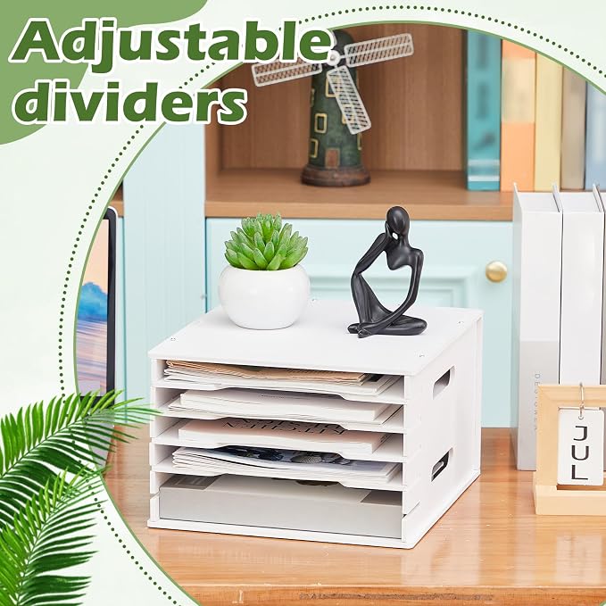 Juexica 6 Tier 8.5" x 11" Scrapbook Paper Organizer, White Cardstock File Organizer with Adjustable Shelves, Stackable Paper Trays, Desktop Storage Rack Document Holder for Desk Home Office