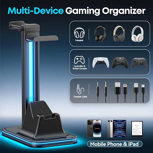 Kytok 4-in-1 Gaming Headset & Controller Stand for Desk, 360° Rotating Headphone Stand with Phone Holder, 10 RGB Modes for PC Gaming Enthusiasts, P5/SW/Xbx Controller Accessories