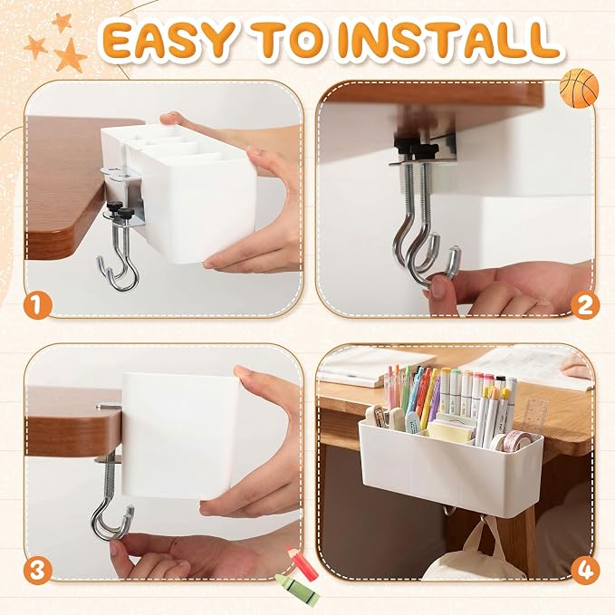 Reallnaive 8 Pcs Desk Side Storage for Classroom Back to School Desk Side Organizer Gift No Drill Holder Clamp Plastic Desks Organizer for Table Chair to Hold Pen Phone Notebook for Office Classroom