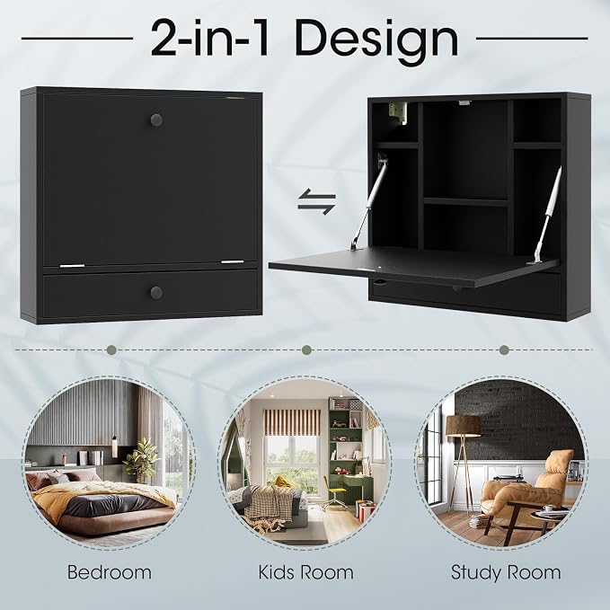Tangkula Wall Mounted Desk, Folding Floating Wall Mount Laptop Desk, Space Saving Wall Mounted Table with Storage Drawer & Shelves (Black)