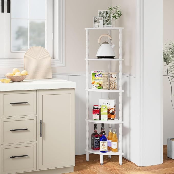 IBUYKE 5-Tier Corner Shelf,Stylish Corner Bookshelf for Small Spaces,Industrial Corner Storage Display Shelves,Small Corner Table for Bedroom,Bathroom,Kitchen, White WBC020W