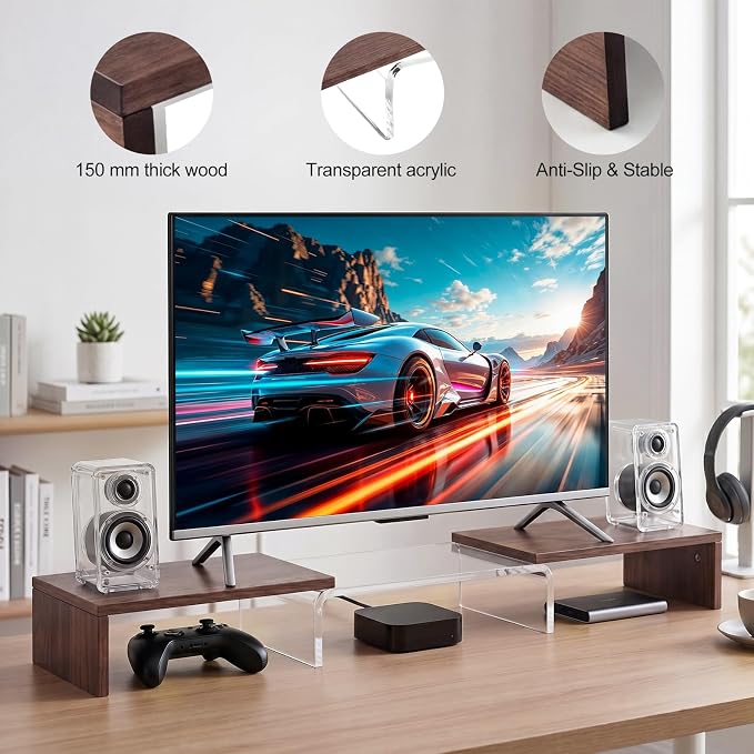 High-Clarity Dual Monitor Riser, Desk Organizer for Computer Monitor, Acrylic Monitor Riser with Keyboard Storage, Adjustable Angle & Length Computer Monitor Stand Walnut Look