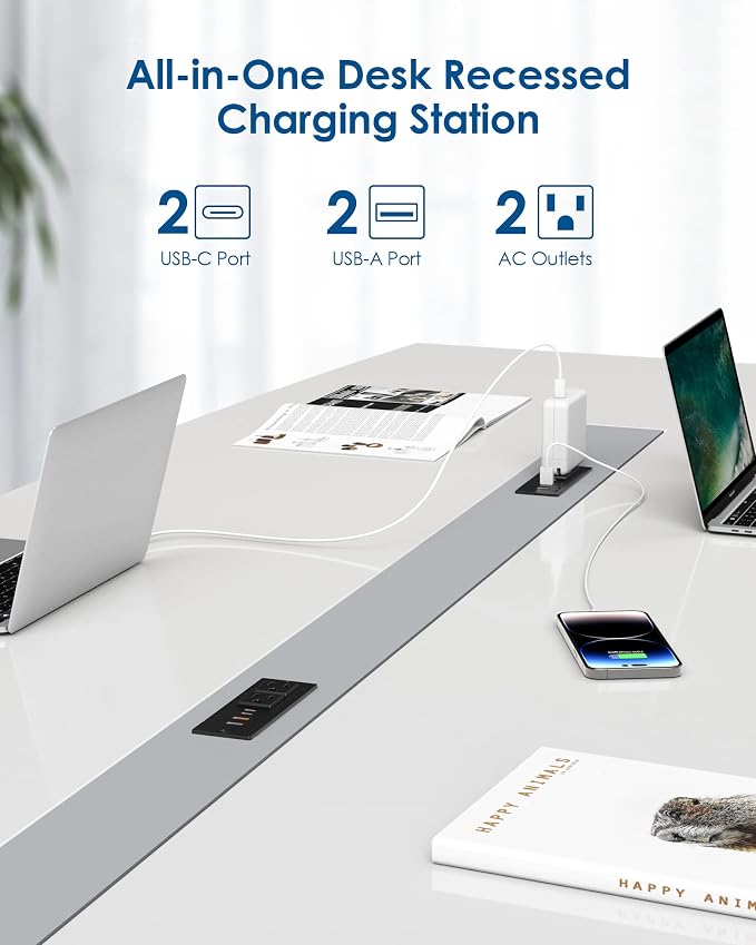 Recessed Power Strip 30W USB C,Furniture Flush Mount Desk Outlet,2 Outlets 4 USB Ports,Recessed Outlet for Side Table/Sofa Table,Ultra Thin Flat Plug Power Strip,3FT Cord (Black)