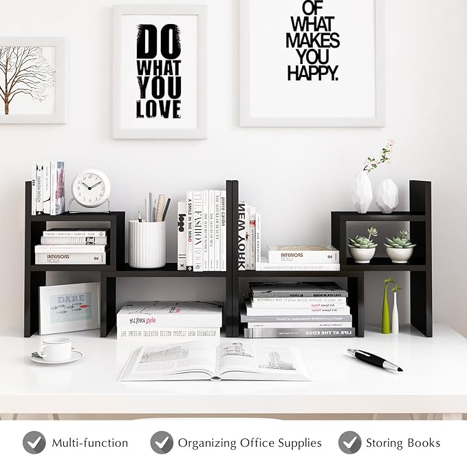 Jerry & Maggie Desktop Organizer Office Storage Rack Adjustable Wood Display Shelf, Birthday Gifts Toy Home Decor Free Style Rotation Display True Natural Stand Shelf (Black)
