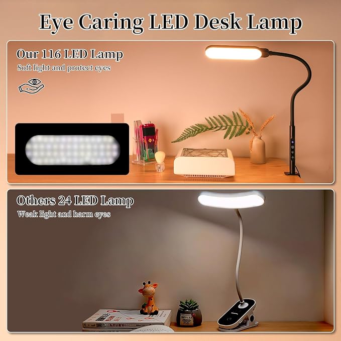 BQAN LED Desk Lamp with Clamp, 15W Eye-Caring Clip on Light, Adjustable Gooseneck Desk Lamps for Home Office with 5 Modes & 9 Brightness Levels for Reading, Studying, Nail Art, and Work(Black)