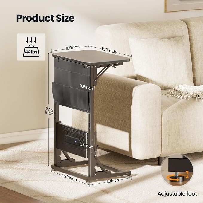 HLDIRECT C Shaped End Table with Charging Station, Couch Side Table with Storage Bag, Foldable TV Tray with 2 USB Ports and Outlets for Living Room, Bedroom, Black