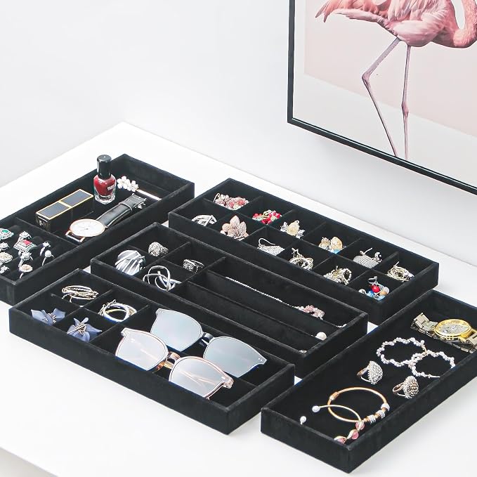 Divided Drawer Organizer Tray, Velvet Jewelry Storage Tray, Necklace Bracelet Ring Earring Display Tray,Bedside Nightstand Desk Holder Tray for Phone Watch Sunglasses Cosmetics Storage/Black/7grid