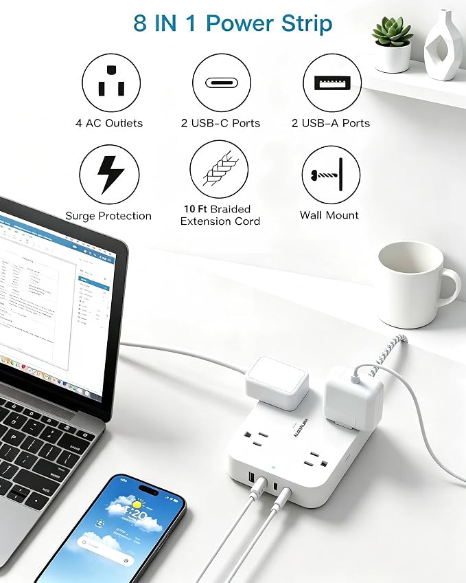 Surge Protector Power Strip, HANYCONY 10Ft Extension Cord with 4 USB Ports(2 USB C), 4 Widely Outlets Extender, Wall Mount, Desk Charging Station for Office School College Dorm Room Essentials
