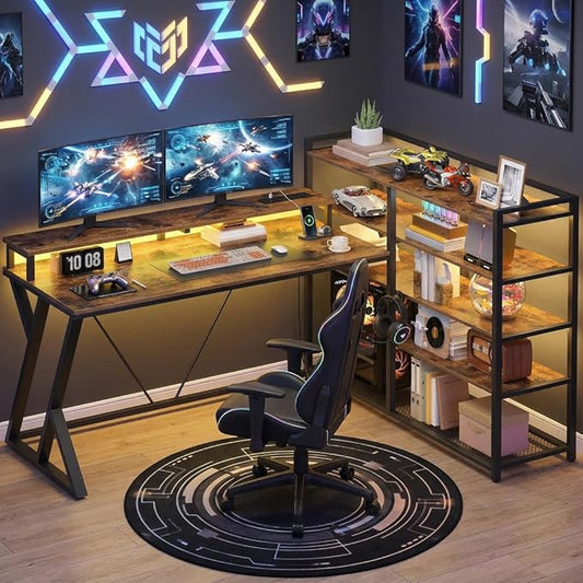 RALGEND L Shaped Gaming Desk with Bookshelf, 52'' Reversible Computer Desk with LED Light & Power Outlet, Corner Desk with Storage Shelves and Monitor Stand for Home Office, Rustic Brown