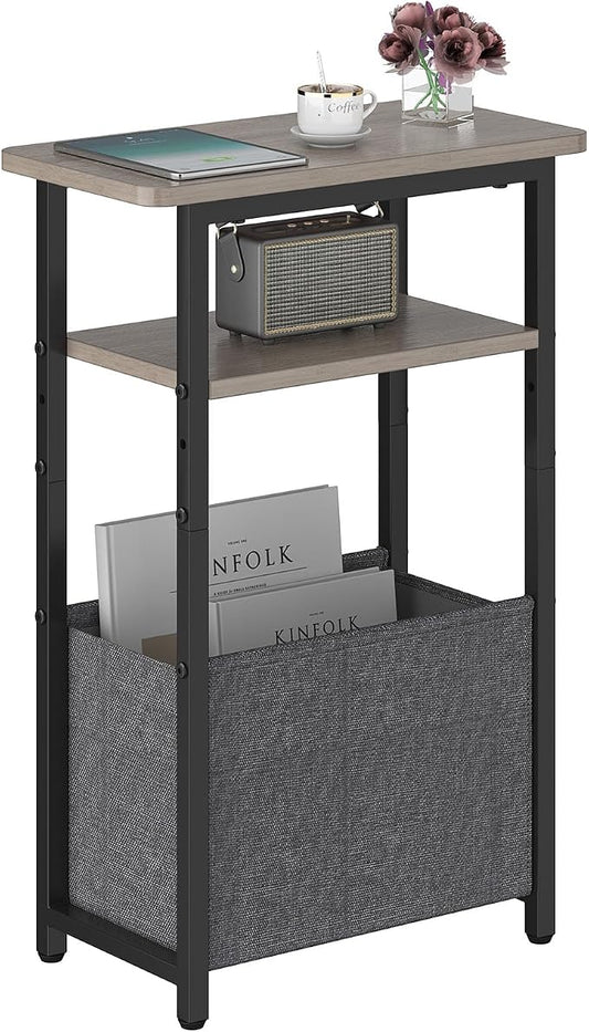 sthmec Narrow Side Table, Skinny End Tables with Fabric Basket, Small Side Tables for Small Space, 2-Tier Open Shelves with Basket, Slim Nightstands for Bedroom,Living Room,Office, Grey