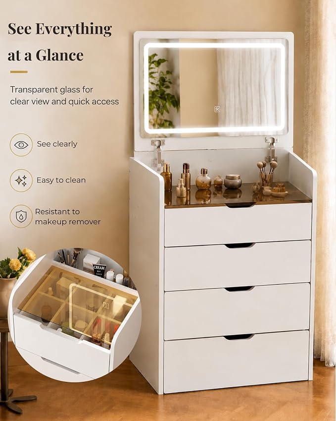 Small Vanity with Mirror and Lights for Small Space, 3-in-1 Compact Makeup Vanity Desk with Storage, Flip Top Vanity Table with Hidden Stool, 3 Color Mode, Drawers & Jewelry Organizer, Mini Vanity Set