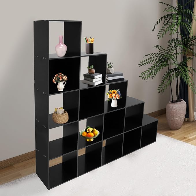 Ladder Cube Storage Bookcase, Desktop Drawers Cabinet, 15-Compartment L-Shaped Organizer, Corner Shelf, Free Standing, for Bedroom Living Room Study Office, Books Toys Decor