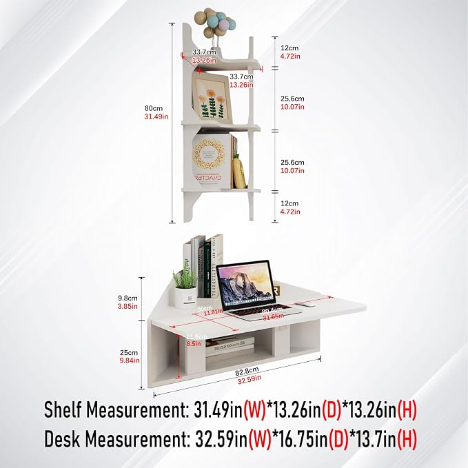 Pmnianhua Floating Corner Desk,Wall Mounted Table with Shelves,Folding Corner Shelf,Wall Corner Shelf for Small Space Computer(Grayish White)