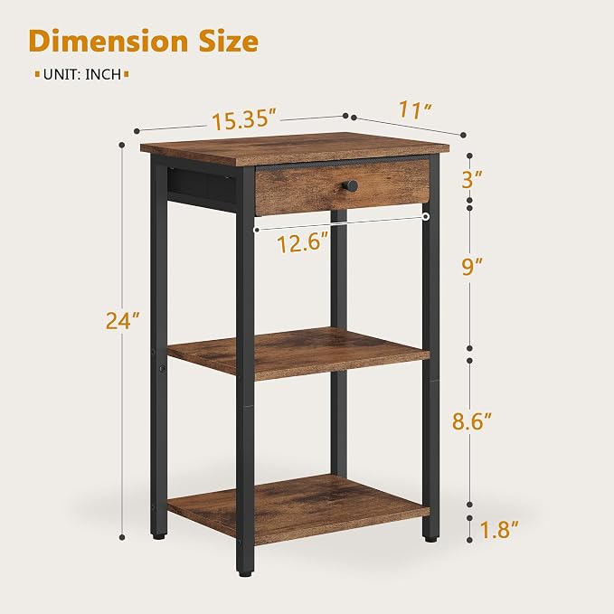 Gewudraw Printer Stand with Storage Drawer, 3-Tier Under Desk Printer Table, End Table for Home Office, Living Room, Bedroom, Brown