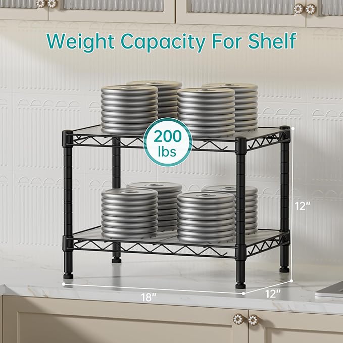 SINGAYE 2 Small Shelves Kitchen Storage Shelf Wire Shelving Unit Metal Shelf Adjustable Organizers Storage Shelving for Office Pantry Black 11.6" D X 17.6" W X 12" H