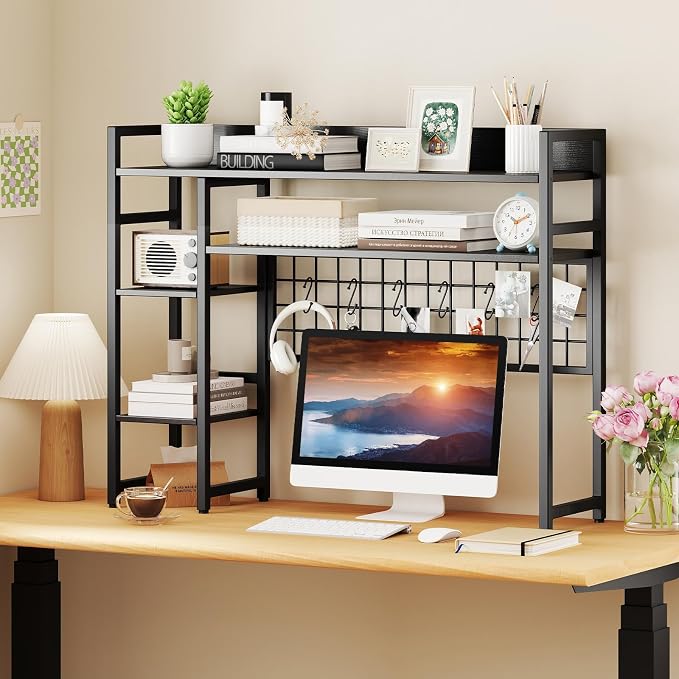 Tangkula Desktop Bookshelf for Computer 32” Monitor, 37" Countertop Storage Hutch with 4 Open Storage Shelves, Grid Panel, Anti-tip Device, 4-Tier Desktop Display Shelves for Home Office