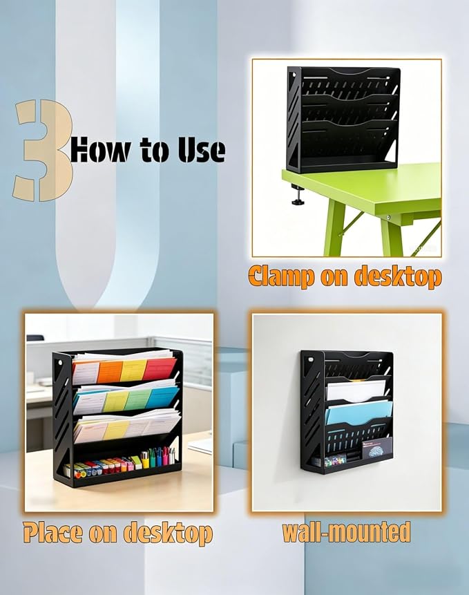 Yuxh 13 Inch 4 Tier Clamp on Desk Shelf Metal File Mail Bill Organizer | Drill-free mounting holder for workspace storage, stable metal rack for office paperwork organization