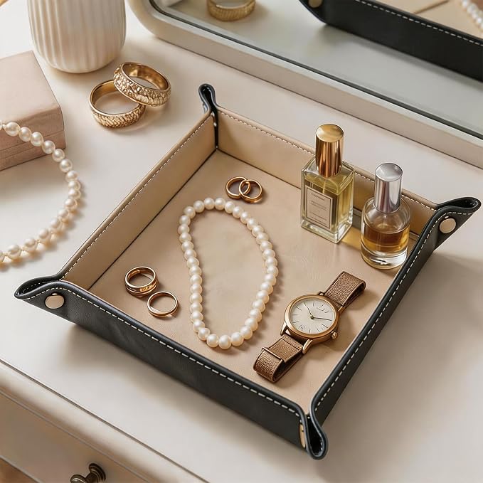 Valet Tray Desktop Storage Organizer – Vegan Leather Catchall Bedside Vanity Tray Nightstand Caddy Holder for Remote Controller, Watch, Keys, Phone, Wallet, Coin, Jewelry, Beige
