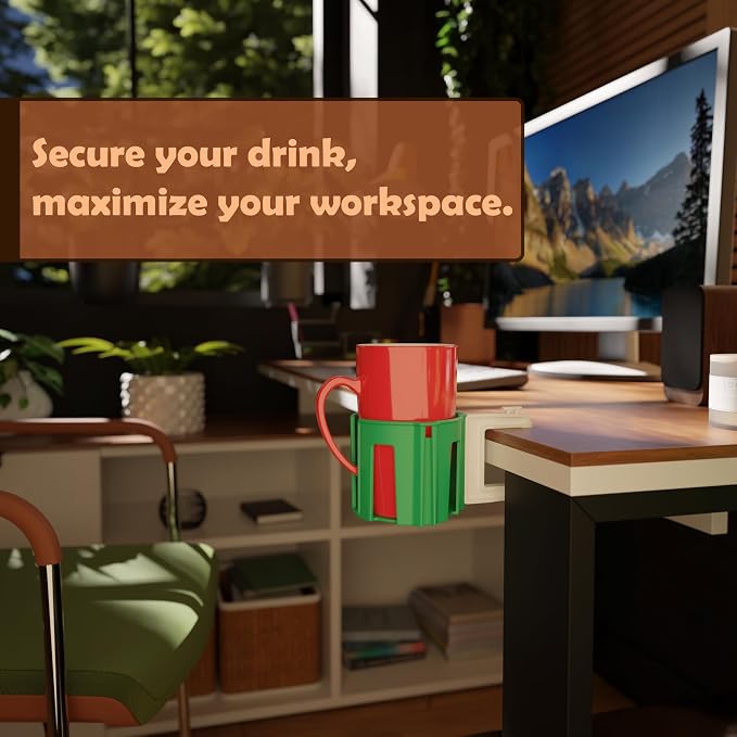 Original Large Desk Cup Holder Clamp Green | Anti-Spill Mount, Multi-Directional Drink Holder, Headphone Hanger, For Table, Desks, Office & Gaming Setup