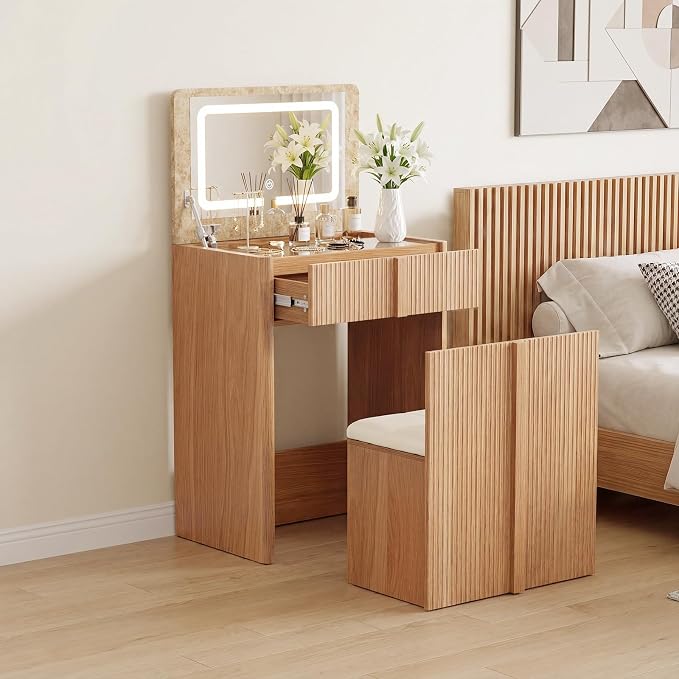 3-in-1 Small Vanity Desk with Drawers & Stool, Space Saving Makeup Vanity Dresser Set with Ample Leg Room, Sturdy 24" Nightstand with Mirror Bedside Table Combo for Bedroom Small Space,Natural