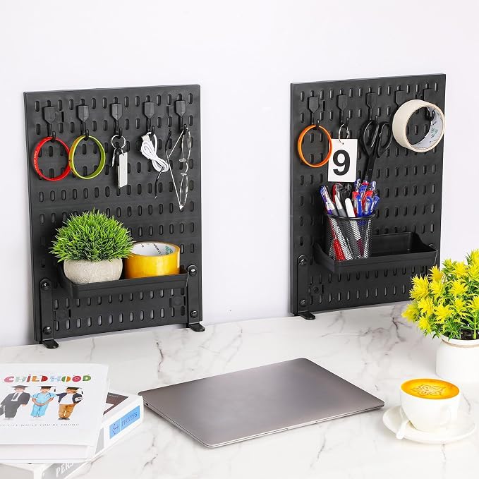 Marspark Clamp-on Desk Pegboard 2-pack (24" x 16" Combined Size) Privacy Divider & Desk Partition Panel Office Accessory Organizer No-drill Mounted Pegboard for Home, Office, Gaming, Black